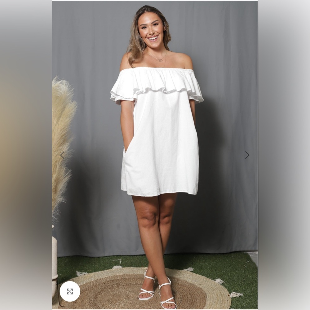 NWT Giocam White Off The Shoulder Ruffle Linen Shift Sundress Dress XL Coquette